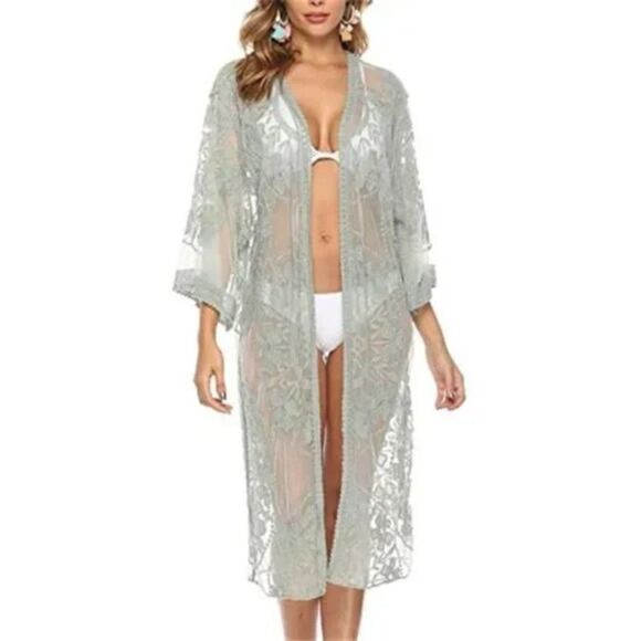 New Women's Lace Cardigan Floral Crochet Sheer Beach Bikini Cover Ups green - Picture 4 of 6